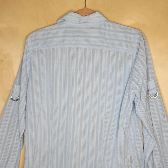 Jones New York Powder Blue Rolled Sleeve Sheer Searsucker Blouse Women Size M - Picture 5 of 12